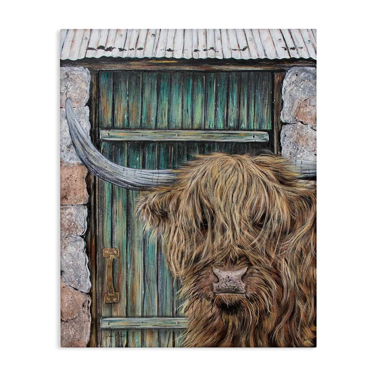 Stupell Industries Highland Cow by Barn Door Canvas, design by Jean Plout